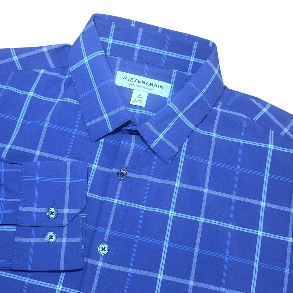 Mizzen+Main Mens Medium Blue Check Performance Dress Shirt Trim Fit‎ Long Sleeve